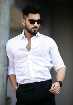 MOONBELL Men Solid Casual White Shirt