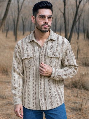 MANIAC Men Striped Casual Brown Shirt