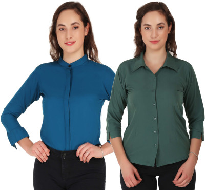 Mamnoon Women Solid Formal Blue, Green Shirt(Pack of 2)