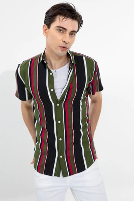 COMBRAIDED Men Striped Casual Green, Black Shirt