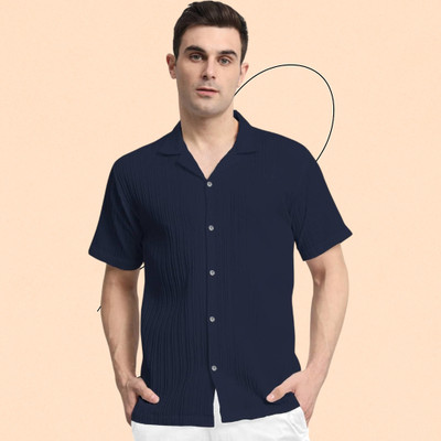A COMBRAIDED Men Self Design Casual Dark Blue Shirt