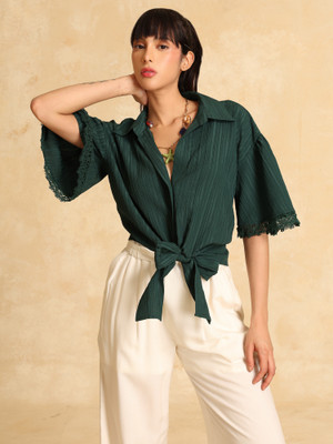 KAZO Women Self Design Formal Green Shirt