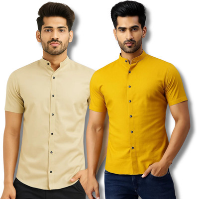 GOD HEART Men Solid Casual Beige, Yellow Shirt(Pack of 2)