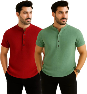 METRONAUT Men Self Design Casual Maroon, Green Shirt(Pack of 2)