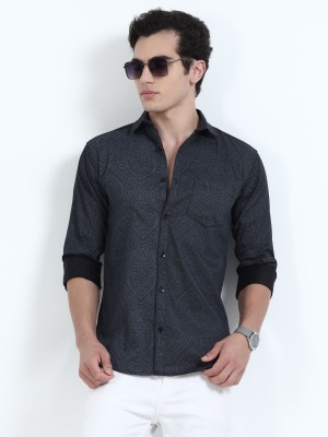 HETIERS Men Printed Casual Dark Blue Shirt