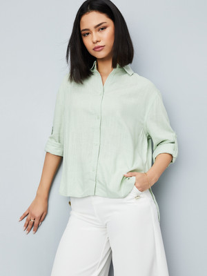 MAX Women Solid Casual Green Shirt