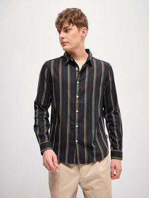 THE BEAR HOUSE Men Striped Casual Black Shirt