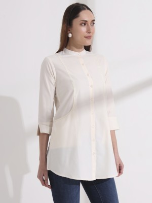 fithub Women Solid Casual Cream Shirt