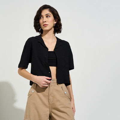 PEOPLE Women Solid Casual Black Shirt