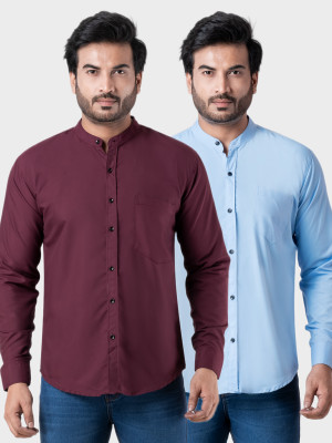 BONCUE Men Solid Casual Maroon, Light Blue Shirt(Pack of 2)