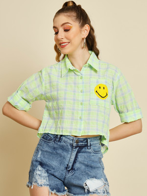 TANDUL Women Checkered Casual Light Blue, Light Green, White Shirt