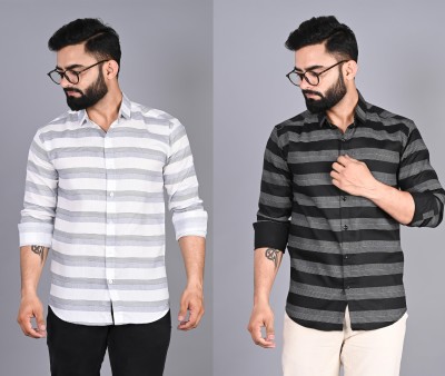 FUBAR Men Striped Casual Grey, Black, White Shirt(Pack of 2)