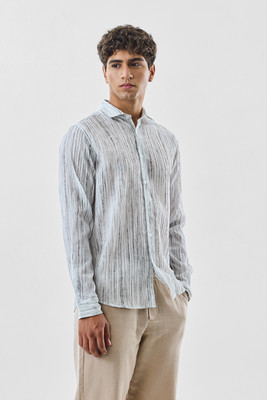 Snitch Men Striped Casual White Shirt