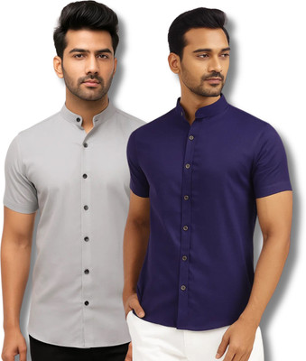 COTTONCHHAP Men Solid Casual Grey, Dark Blue Shirt(Pack of 2)