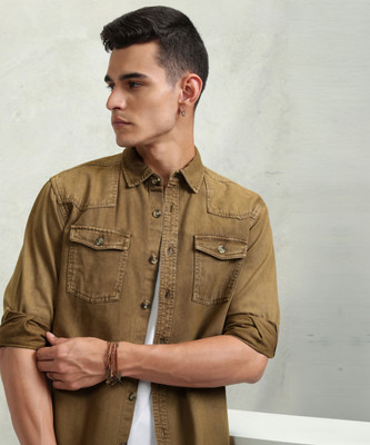 HIGHLANDER Men Solid Casual Khaki Shirt