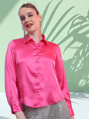 Tokyo Talkies Women Solid Casual Pink Shirt