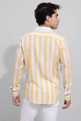 Eritin Men Solid, Striped Casual White, Grey Shirt