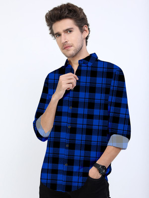 LYZOO FASHION Men Checkered Casual Blue Shirt