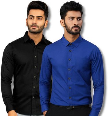 GOD HEART Men Solid Casual Black, Dark Blue Shirt(Pack of 2)