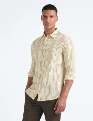 FLYING MACHINE Men Striped Casual Beige, Black Shirt