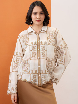 Globus Women Floral Print Casual Beige Shirt
