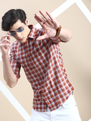 SHOWOFFFF Men Checkered Casual Brown Shirt