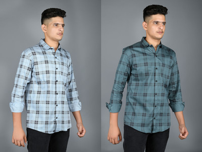 Tanip Men Checkered Casual Light Blue, Dark Blue, Black Shirt(Pack of 2)