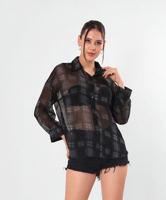 clobug Women Checkered Casual Black Shirt