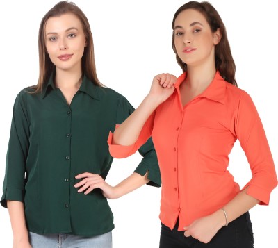 HEAVENS CREATIONS Women Solid Casual Green, Orange Shirt(Pack of 2)