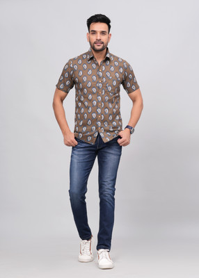 Unisets Men Printed Casual White, Brown, Blue Shirt