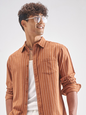 HIGHLANDER Men Striped Casual Brown Shirt