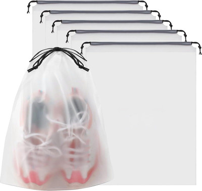 MAMYA Shoe Bag Cover for Shoe Storage & Travelling Drawstring Bags Waterproof, White PP (Polypropylene) TRANSPARENT Boots Shoe Cover, Flat Shoe Cover, High Ankle Shoe Cover, High Heeled Shoe Cover(40 X 30 CM Pack of 5)