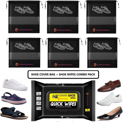 DARSHANAM WORLD Shoes Cleaner Wipes With Black Shoes Cover Pouch Pack Of 6 Leather, Canvas, Nubuck, Patent Leather, Sports, Suede, Synthetic Leather, Velour, Sports Shoe Cleaner(Black, White)