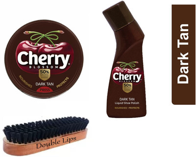 DOUBLE LIPS Cherry Blossom Dark Tan Wax Polish 40 grm With Liquid Polish + Brush Leather Shoe Liquid Polish(Tan)