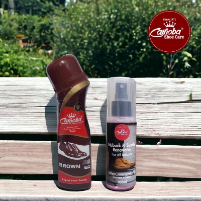 Carnoba Liquid Shoe Polish 75ml Brown & Suede & Nubuck Renovator 100ml Leather, Synthetic Leather Shoe Liquid Polish(Brown)