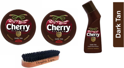 DOUBLE LIPS Cherry Blossom Dark Tan Wax Polish 40 GRM 2pc With Liquid Polish+ Brush Leather Shoe Wax Polish(Tan)