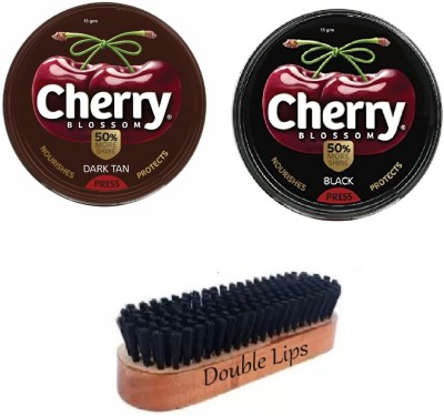 DOUBLE LIPS Cherry Blossom Wax Shoee Polish 15 Grm 2 pc ( Dark Tan + Black ) With Brush 1pc Leather Shoe Wax Polish(Black, Tan)