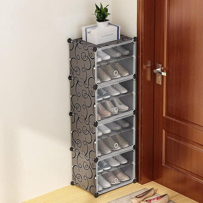 Palkolink 4 Door 8 Shelf Plastic Metal Plastic Collapsible Shoe Stand Plastic Collapsible Shoe Stand(PRINTED BLACK, 8 Shelves, DIY(Do-It-Yourself))