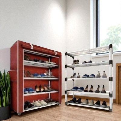 APOVERSEAS 4 Layer Multipurpose shoe rack stand/ Plastic Collapsible Shoe Stand(Maroon, 4 Shelves, DIY(Do-It-Yourself))