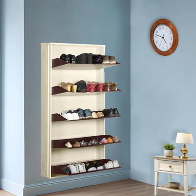 Delite Kom 29 Inch Wide, 5 Shelf | Store 18 Shoe/30 Slipper | Lockable, Wall Mount Metal Shoe Rack(Ivory_Coffee, 5 Shelves, DIY(Do-It-Yourself))