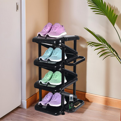 KUBER INDUSTRIES Foldable 4-Tier Plastic Shoe Stand with Side Hooks | Tower - Black Plastic Shoe Rack(Black, 7 Shelves, DIY(Do-It-Yourself))