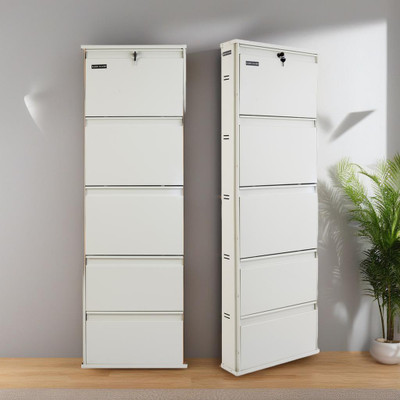 Sleek Silver Sleek Silver Space Saving Shoe Organiser Cabinet with 12-15 Pairs Capacity Metal Shoe Rack(White (Ivory), 5 Shelves, Pre-assembled)