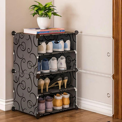 Sasimo 4-Shelf-2-Door Plastic Cubort Shoe Rack Plastic Collapsible Shoe Stand(Black,White, 4 Shelves, DIY(Do-It-Yourself))