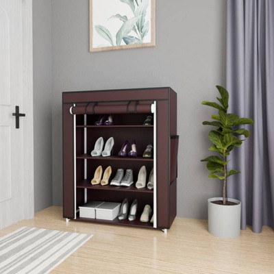 ShelfKing Multipurpose 4 Shelves Rack With Zip Door Cover & Side Pockets For Shoes Metal Shoe Stand(Brown, 4 Shelves, DIY(Do-It-Yourself))