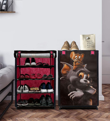 GlowSilk Tom & Jerry 4-Tier Shoe Rack – Playful, Space-Saving Storage for Footwear Metal Collapsible Shoe Stand(Pink, 4 Shelves, DIY(Do-It-Yourself))