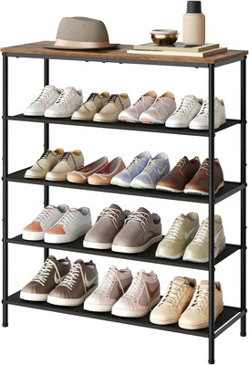 Flipkart Perfect Homes Studio ® Shoe Storage Rack with Wooden Top,4 Non-Woven Fabric Shelves 15-20 Pairs Metal, Solid Wood Collapsible Shoe Stand(FABRIC + WOODEN TOP, 5 Shelves, DIY(Do-It-Yourself))