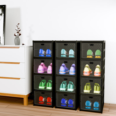 KUBER INDUSTRIES 3 Pcs Foldable 4-Tier Storage Rack for Shoe, Slippers & Books | Matte Black Plastic Shoe Rack(Black, 12 Shelves, DIY(Do-It-Yourself))