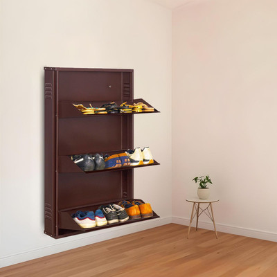 Delite Kom 24 Inch Wide, 3 Shelf | Store 9 Shoe/15 Slipper | Lockable, Wall Mount Metal Shoe Rack(Coffee_Coffee, 3 Shelves, DIY(Do-It-Yourself))