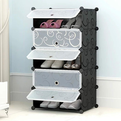 Sasimo 5 Door 5 Shelf Plastic Shoe Stand DIY Plastic Shoe Portable Storage Organizer Plastic Collapsible Shoe Stand(Black,White Door, 5 Shelves, DIY(Do-It-Yourself))