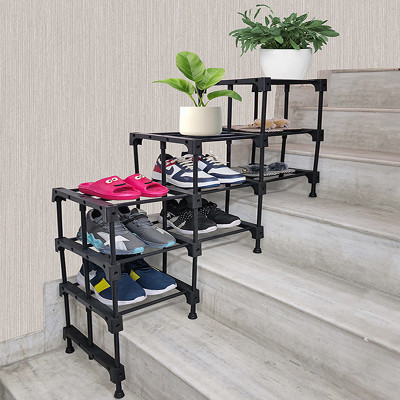 RAXON WORLD 3 Layer Black Metal Pipe Stair Shoe Rack Metal Collapsible Shoe Stand(METAL BLACK, 9 Shelves, DIY(Do-It-Yourself))